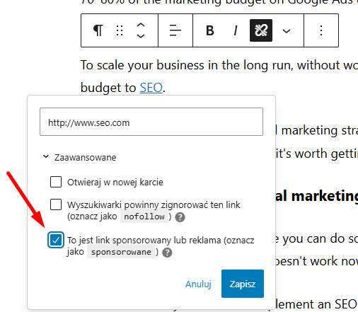 Jak założyć bloga na WordPress? 11 prostych kroków! 19 Oznaczenie sponsorowanego linku w WordPress.