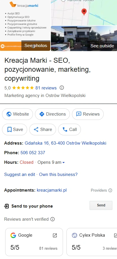 Kompleksowa wizytówka Google firmy Kreacja Marki.