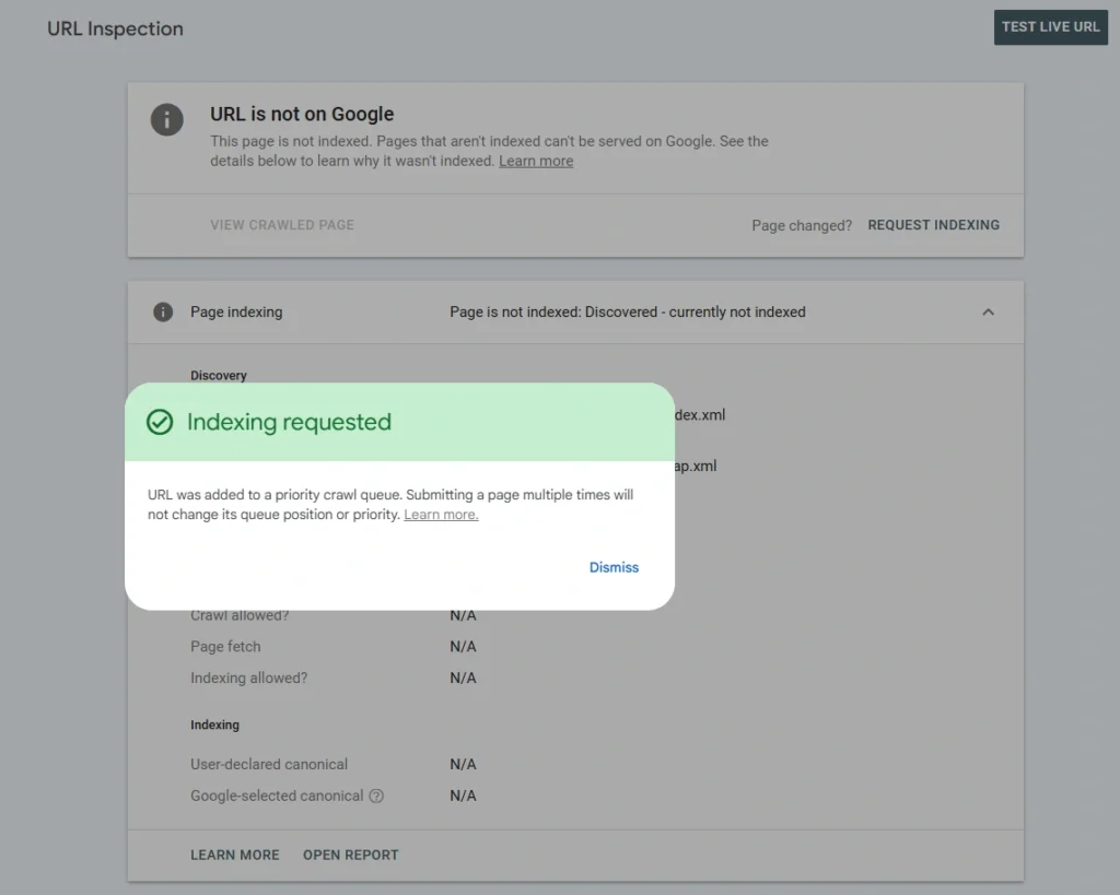 Wysłanie prośby o indeksowanie w GSC.