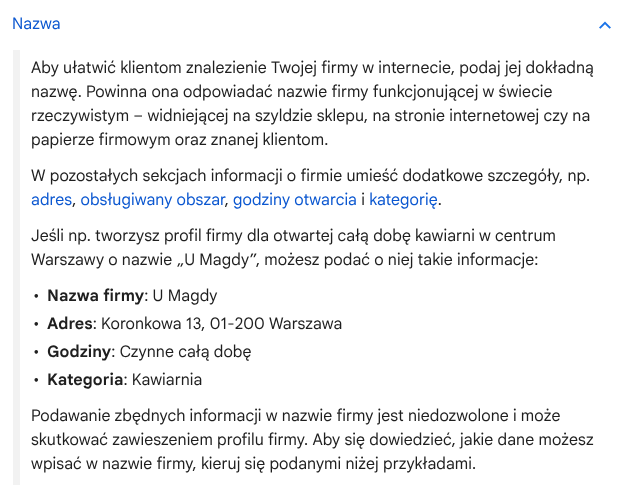 Jak poprawnie nazwać profil firmy w Google (nazwa firmy a SEO lokalne) 2 nazwa wizytówki wytyczne google