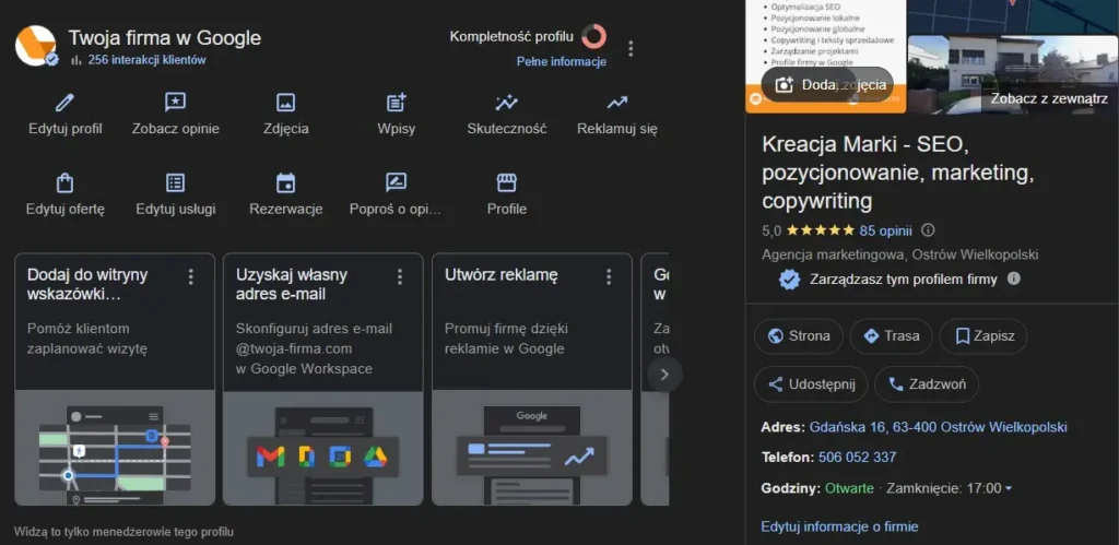 Jak poprawnie nazwać profil firmy w Google (nazwa firmy a SEO lokalne) 3 panel zarządzania wizytówką Google
