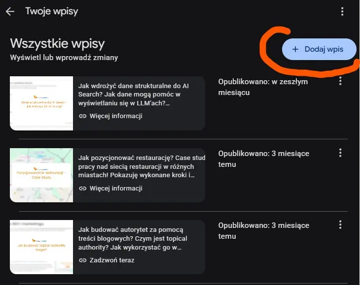 dodawanie wpisów google moja firma