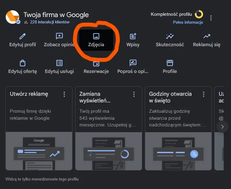 jak dodać zdjęcie na wizytówkę Google Moja Firma z komputera
