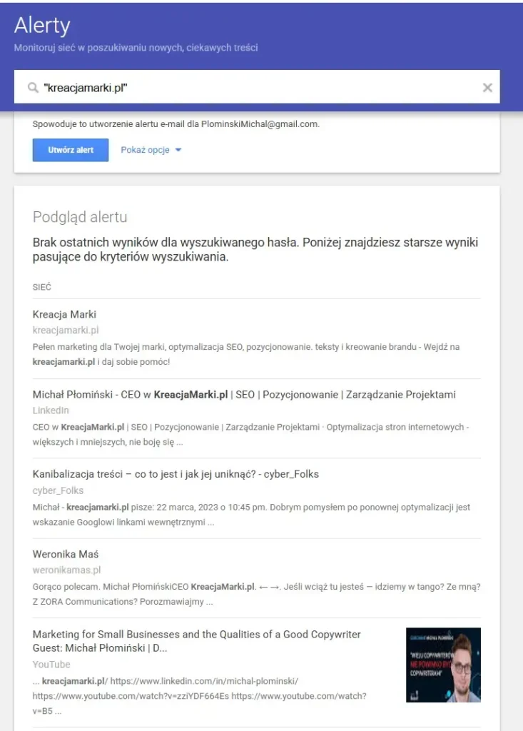 wzmianki o marce w Google Alerts