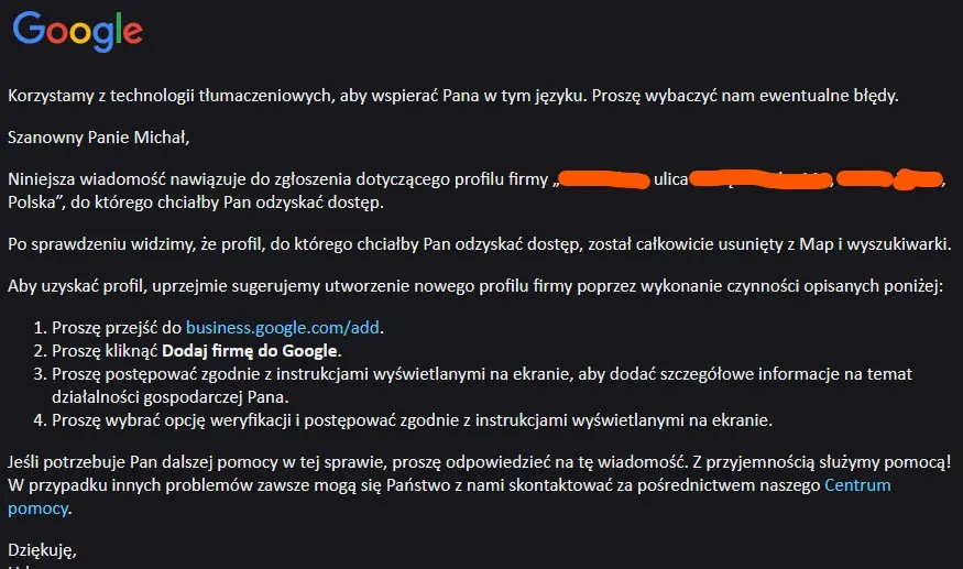 kontakt z google usunięta wizytówka