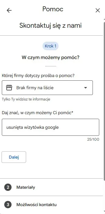 jak skontaktować się z google przy usuniętej wizytówce